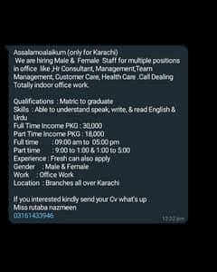 need male and female In office work