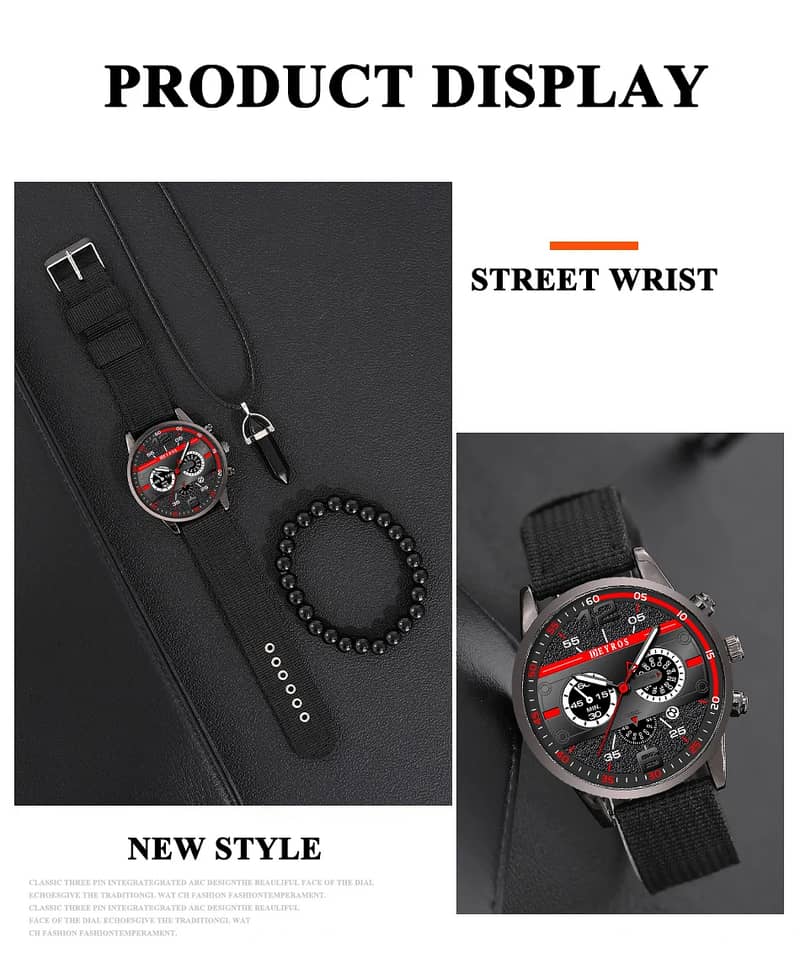 3PCS Set Fashion Mens Bracelet Necklace Watches Men Business 5