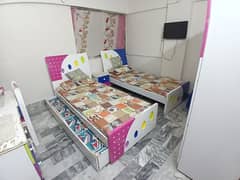 2 SINGLE BED WITH SINGLE UNDERBED WITH 3 CUPBOARDS - KIDS FURNITURE