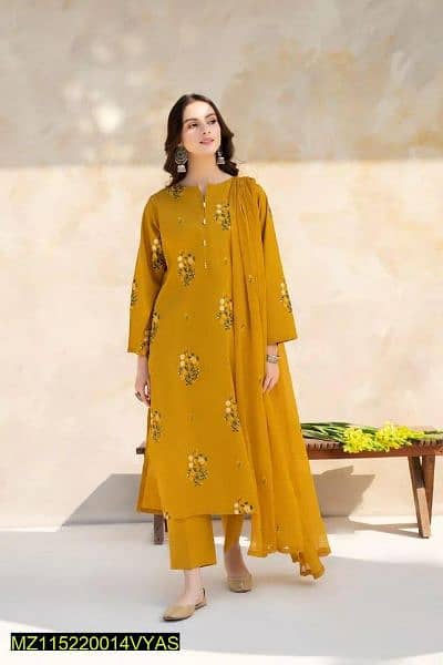 3 Pcs Women Unstitched Lawn Embroidered Suit. 5