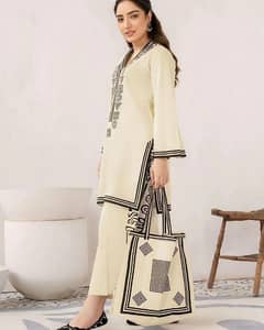 2pcs women's stitched Linen printed shirt and trouser with bag