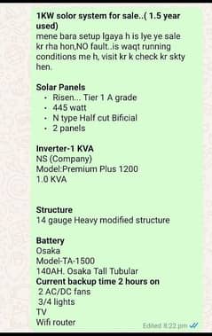 1KW  solar system complete used with frame+ wire +Battery