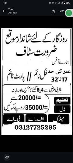 office work keliye staff required he contect on WhatsApp 03127725295