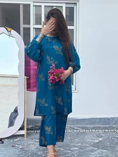 2 pcs women stitched lilen printed suit