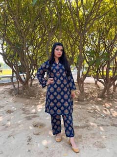 2 PCs woman's stitched linen printed shirt and trouser - Blue