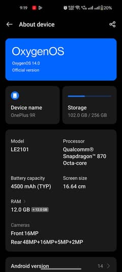 one plus 9R 12- 256gb variant