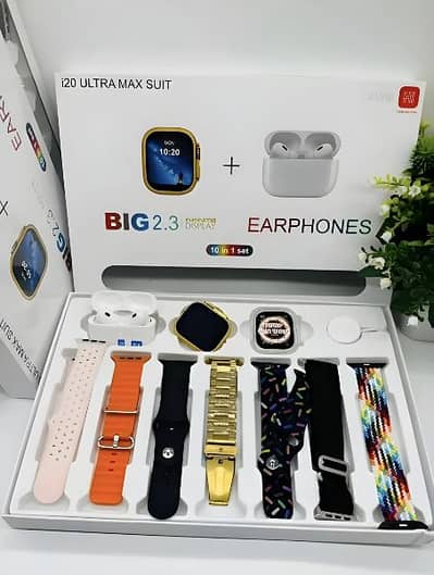 Smartwatch with Earbuds and 7 Straps, Gold Coloured