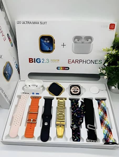 Smartwatch with Earbuds and 7 Straps, Gold Coloured 0