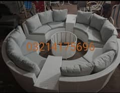 OUTDOOR GARDEN RATTAN ROUND SOFA SET CHAIRS TABLE UMBRELLA