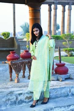 3 pcs women unstitched katan silk plain suit