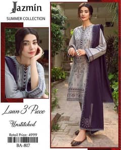 3 pcs womens unstitched lawn Embroidered suit