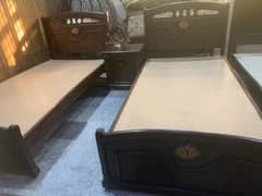 Pure Wooden 2 Single Beds with Center Table