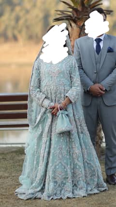 Bridal Maxi | Light Blue Walima Dress with Heavy Dupatta