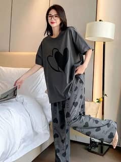 2 piece women stitched cotton jersey printed night suit