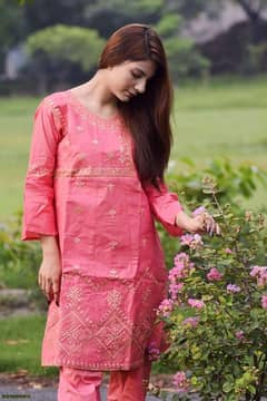 2 pcs woman's stitched cotton Embroidered shirt and trouser