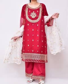 3 Pcs Women's Stitched Fancy Organza Embroidered Suit