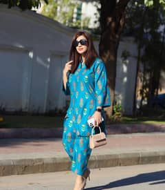 2 PCs Women's Stitched Linen Block Printed Suit