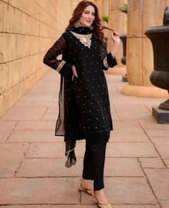 3 Pec Woman's Stitched Chiffon Embroidered Suit