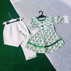 Baby Girl 14 August Frock & Pajama Cotton Dress - Green & White
