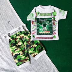 Baba Boys 14 August T-Shirt & Short For Kids - Green & White (1-3 yrs)