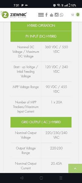 Ziewnic Mars 4.5 kw Gold PV 6200- 1 year Used 4