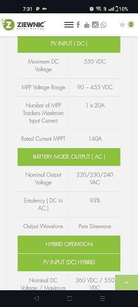 Ziewnic Mars 4.5 kw Gold PV 6200- 1 year Used 5