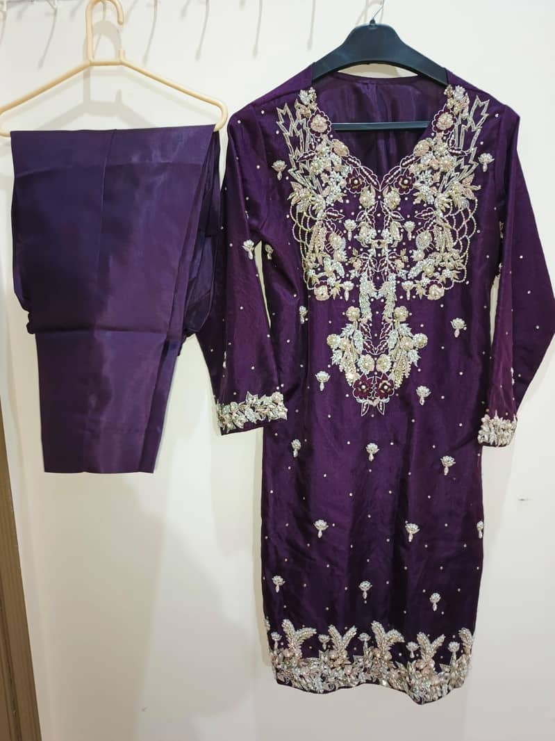 Hand-Embroidered Plum Party Dress - New, Never Worn, Silver/Gold Work 2