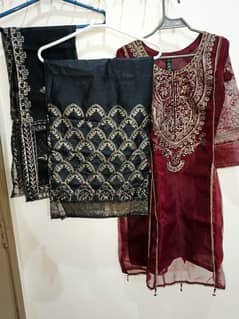 Maroon Fancy Dress with Embroidery & Print - Ready-to-Wear, New, Smal 0