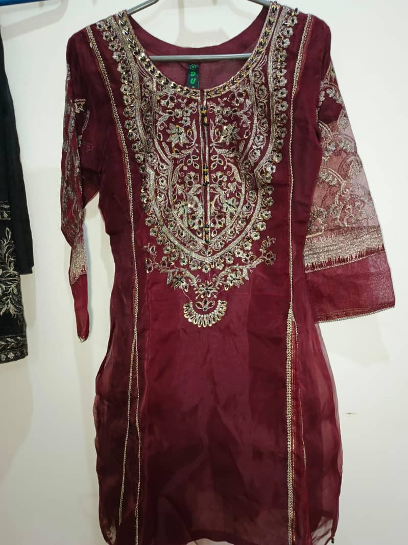 Maroon Fancy Dress with Embroidery & Print - Ready-to-Wear, New, Smal 1