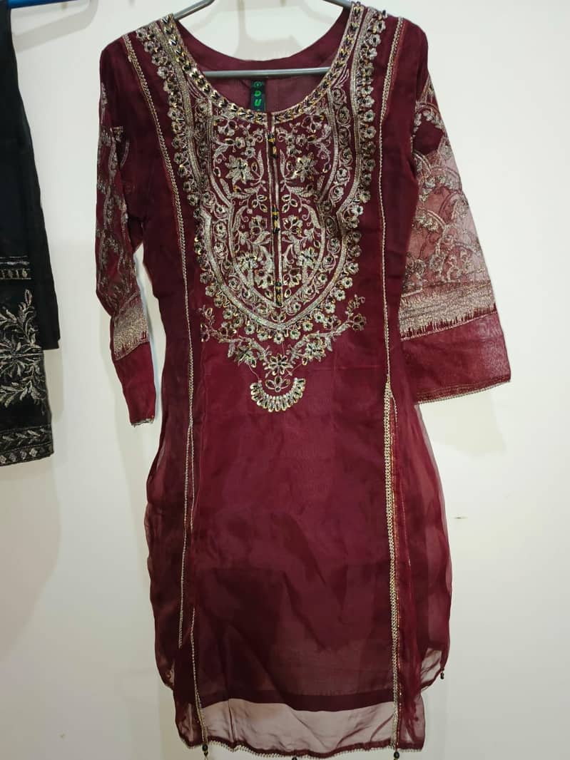 Maroon Fancy Dress with Embroidery & Print - Ready-to-Wear, New, Smal 2