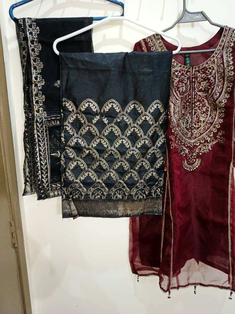 Maroon Fancy Dress with Embroidery & Print - Ready-to-Wear, New, Smal 3