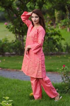 2 Pcs Women's Stitched Cotton
Embroidered Shirt And Trouser