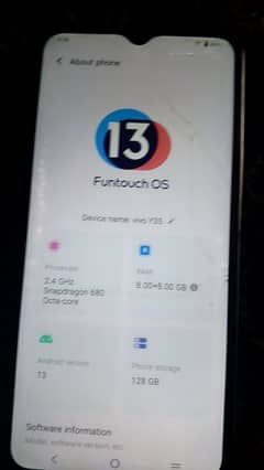 Vivo y35 8+8 / 128 8/10 front glass crack working all okay