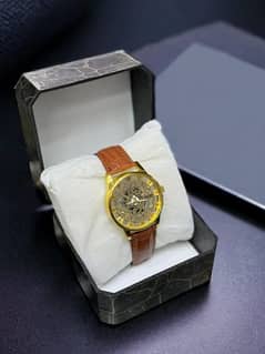 skeleton Dial Watch for Men in leather strap