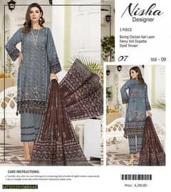 3 piece women lawn unstitched suit Chikankari embroided