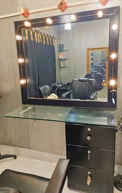 salon mirror and drawers