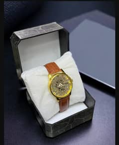 skeleton dial watch for men with brown leather strap