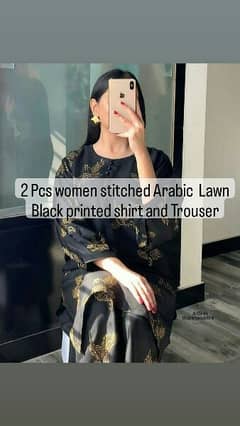 2 Pcs Women's Stitched Arabic Lawn Black Printed Shirt And Trouser