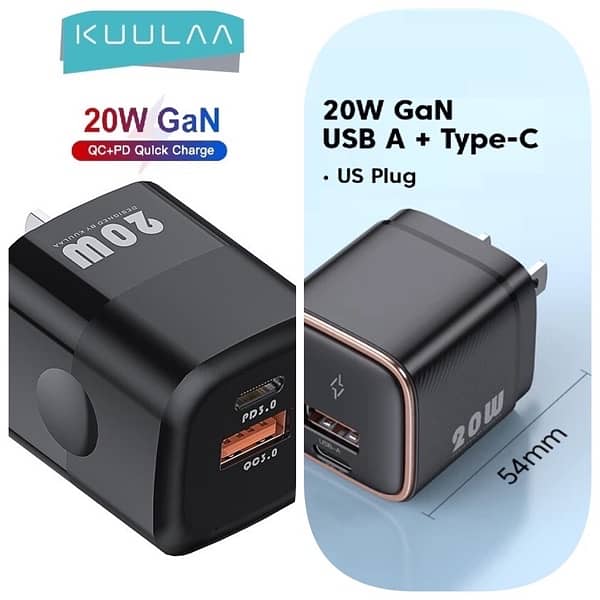 Kuulaa 20W Gan Dual slot PD QC Fast charging wall charger Black 7