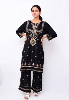 2 Pcs Women's Stitched Linen Embroidered Suit