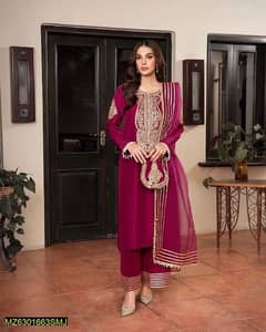 3 Pcs Women's Unstitched Fancy Katan Silk Embroidered Suit