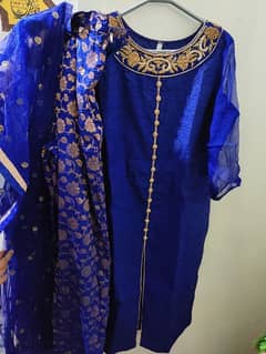 Royal blue Pure silk Hand embroidery 3 piece