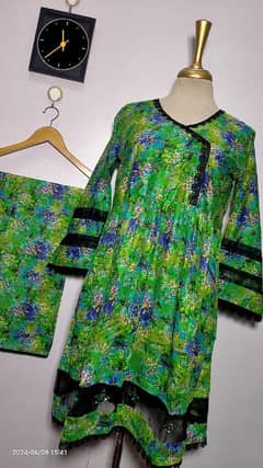 2 pcs woman  stitched lawn  digital print frock and trouser.