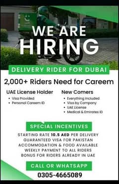 Dubai careem delivery Rider Company work Visa 0.305. 46.65. 089