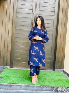 2 PCs Women's Stitched Arabic Lawn Block Printed Shirt And Trouser