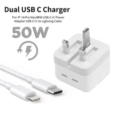 IPHONE 14 Pro 3 Pin (UK PIN) 50W USB-C+C POWER Adapter With USB-C TO L