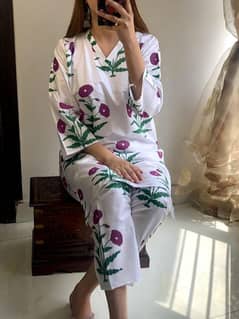 2 Pcs Women's Stitched Arabic Lawn Block Print Shirt And Trouser