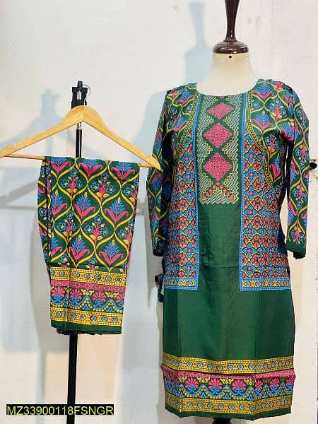 2 PCs Women's Stitched Linen Block Printed Suit 1