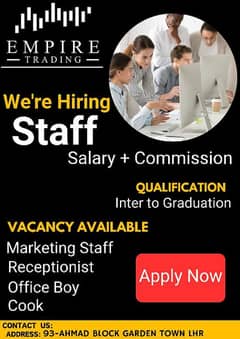 We need Marketing Staff, Receptionist or Office Boy