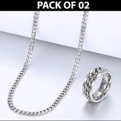 Plain Silver Chain With Ring For Men, Pack of 2